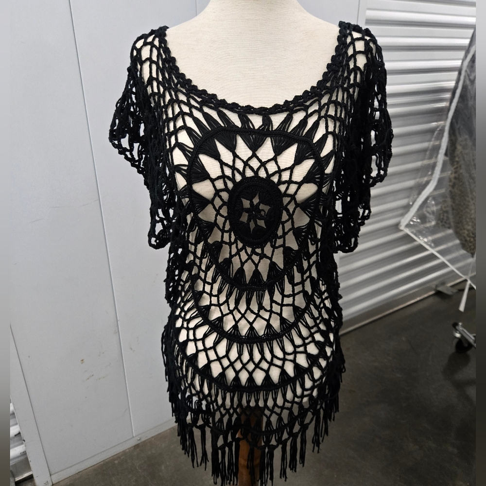 Nanette Lepore Swim Black Crochet Fringe Cover-Up Tunic Size S – Boho Beachwear